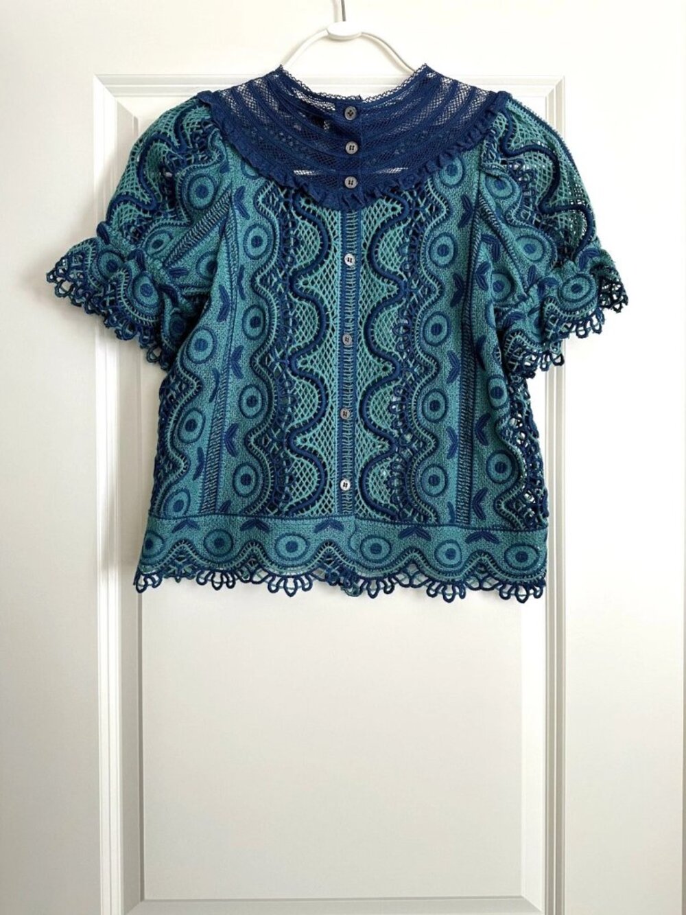 SEA New York Broderie Floral Lace Short Puff Sleeve Top in Teal Multi Size 4